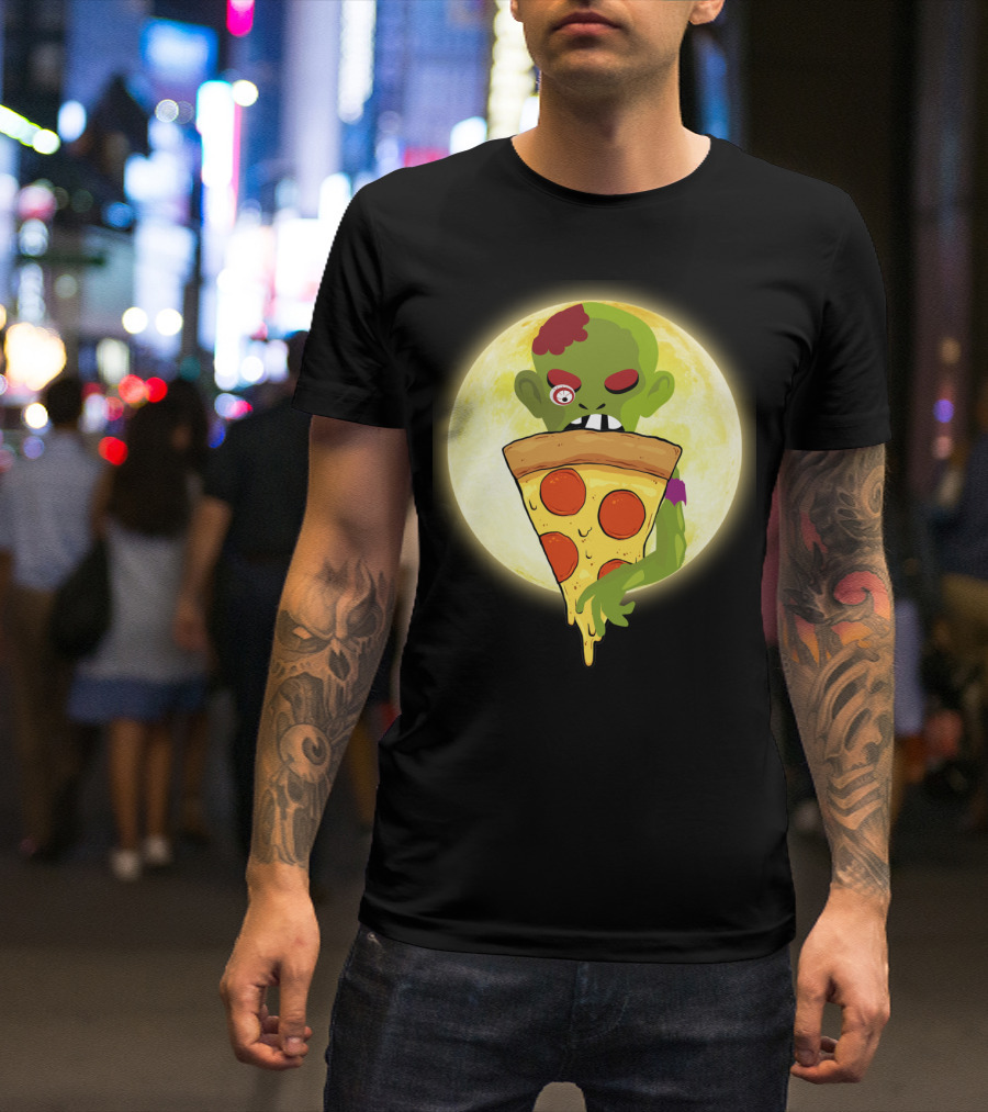 Zombie Eating Pepperoni Pizza Under Full Moon T-Shirt