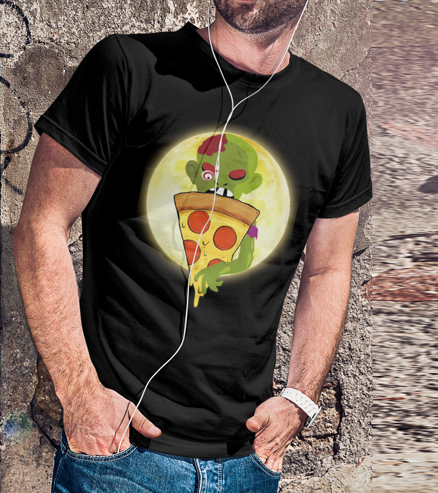 Zombie Eating Pepperoni Pizza Under Full Moon T-Shirt