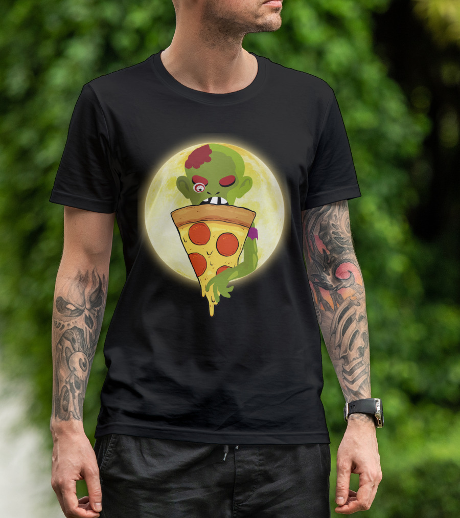 Zombie Eating Pepperoni Pizza Under Full Moon T-Shirt