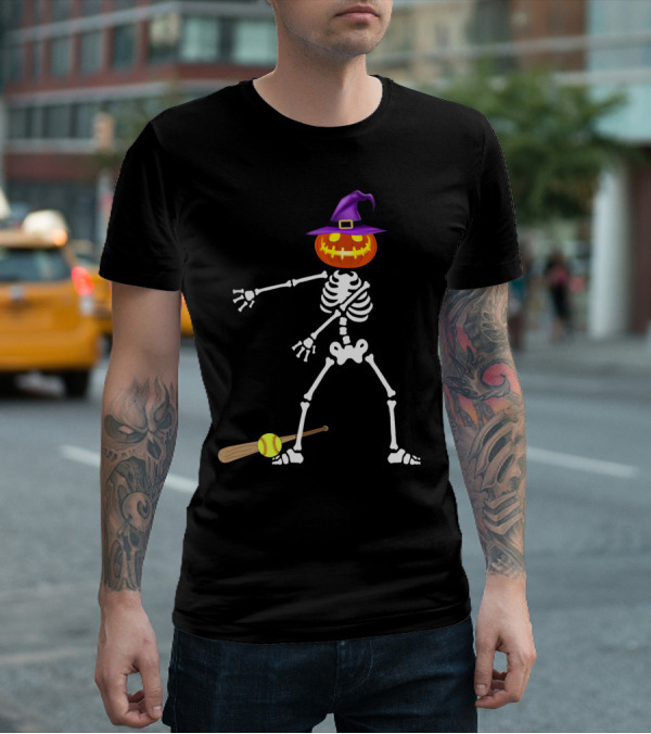Skeleton Pumpkin Witch Performing Floss Dance With Softball Bat T-Shirt