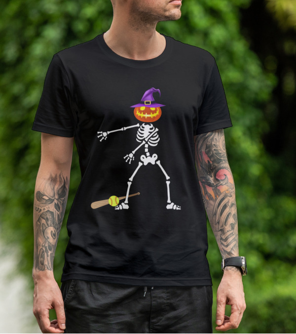 Skeleton Pumpkin Witch Performing Floss Dance With Softball Bat T-Shirt