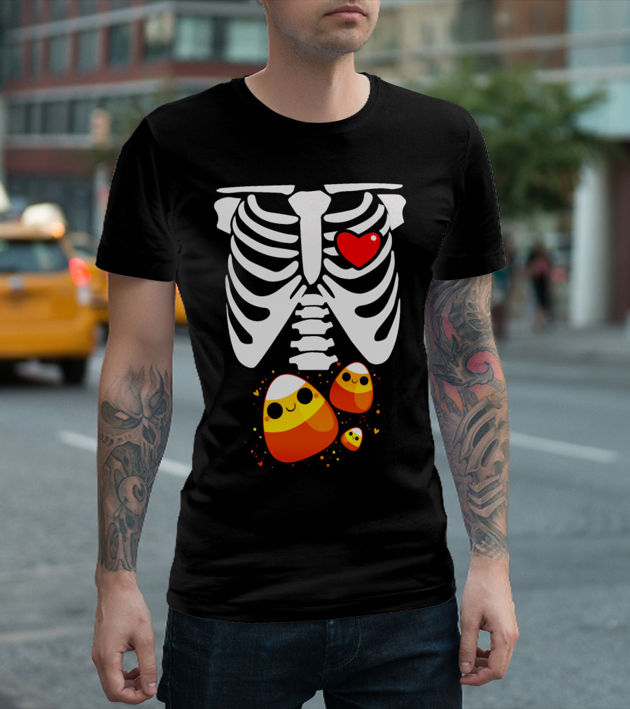 Skeleton Ribs Heart with Cute Candy Corn Halloween Food T-Shirt