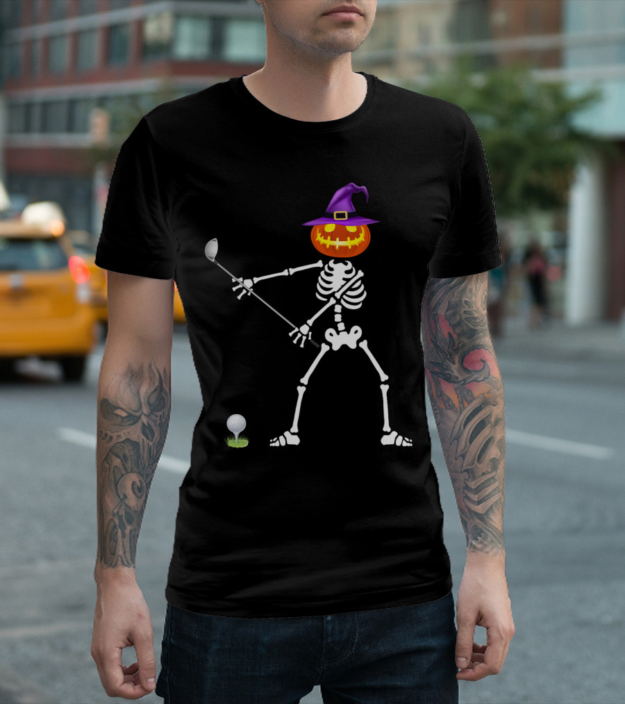 Golf Skeleton With Witch Pumpkin Head Halloween Lazy T-Shirt