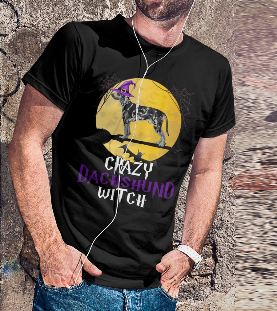 Crazy Dachshund Witch Dog With Purple Hat And Broom Halloween T-Shirt
