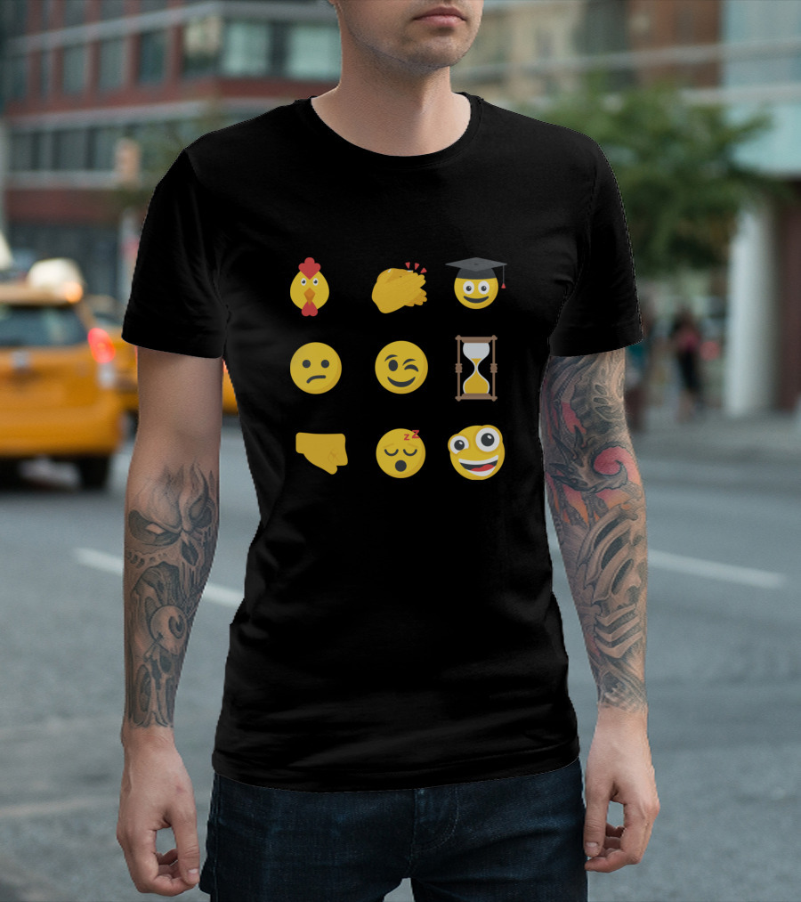 Random Yellow Emoji Collection with Chicken, Graduation Cap, and Hourglass T-Shirt