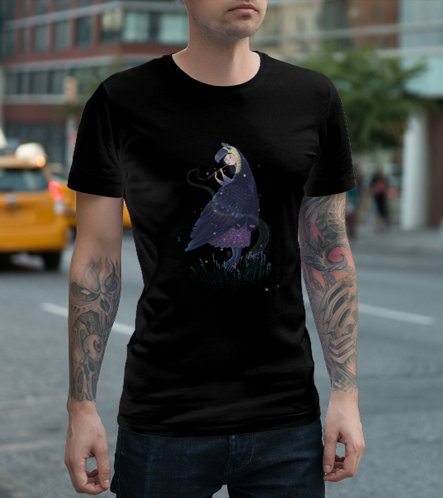 Witch Lavender Bird Toucan Plays Musical Instrument in Enchanted Night Sky T-Shirt