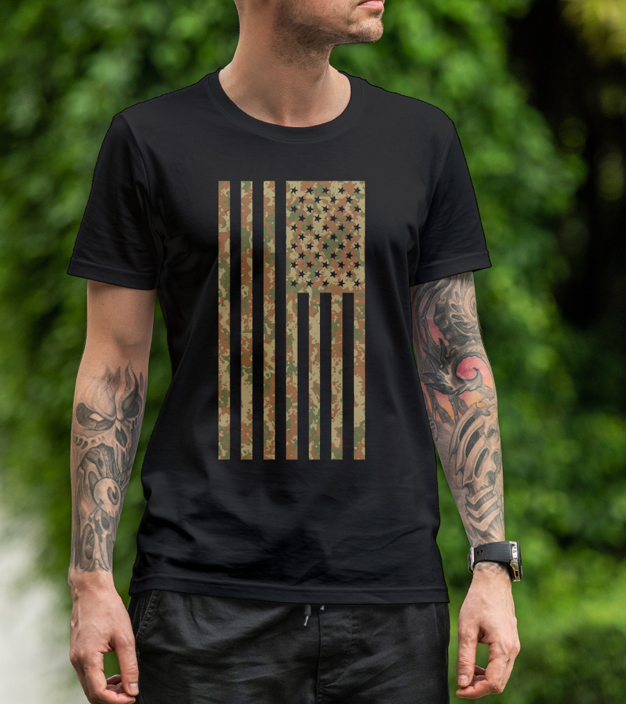 Camo US Flag Vertical Military Camouflage T-Shirt