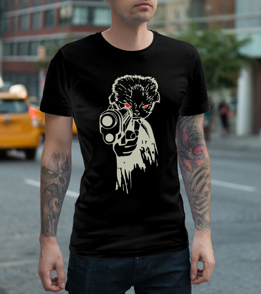 Cat Killer Red-Eyed Gun Aiming Feline T-Shirt