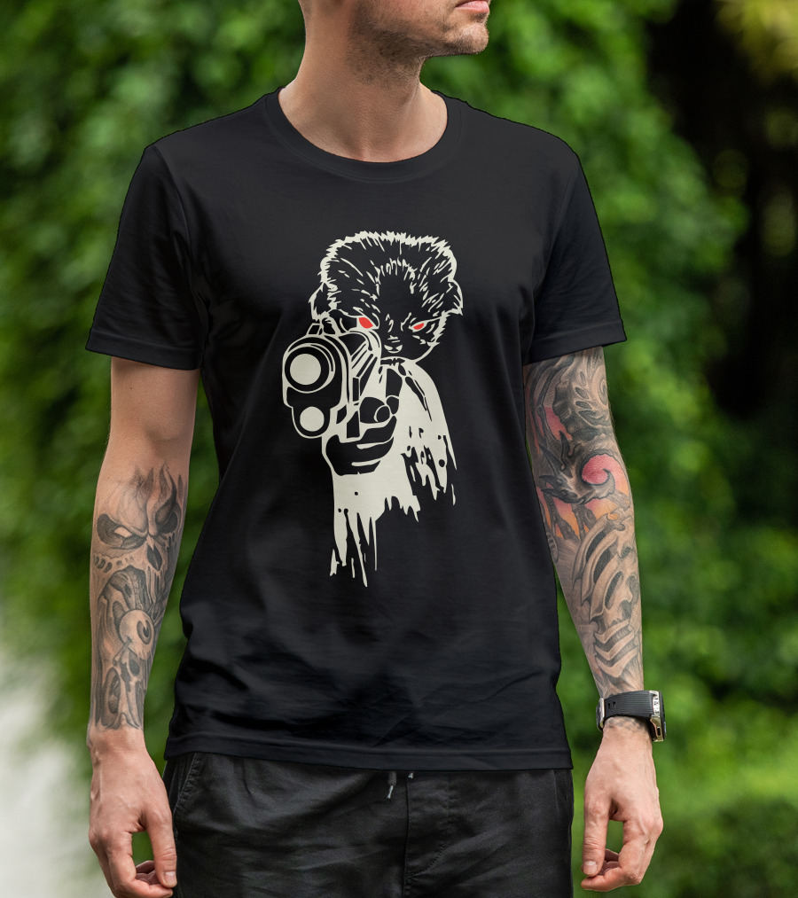 Cat Killer Red-Eyed Gun Aiming Feline T-Shirt
