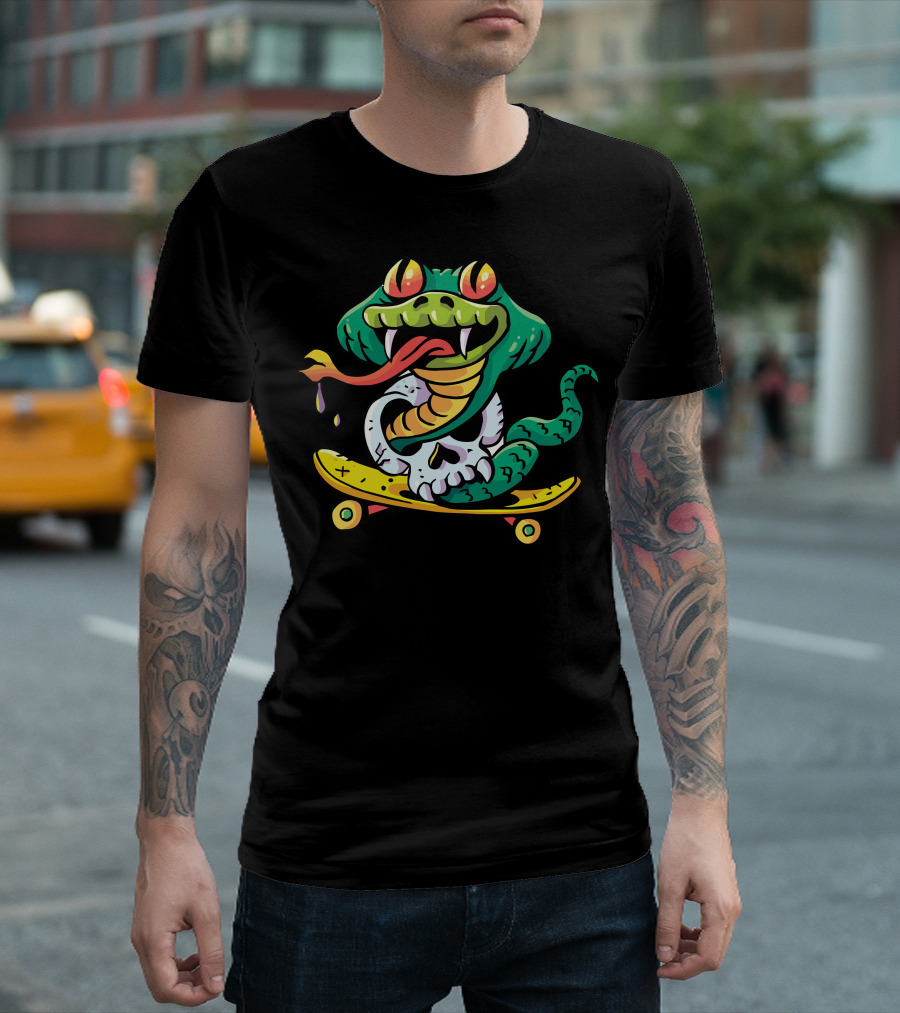 Cobra Skateboard Snake On Skull With Colorful Cartoon T-Shirt