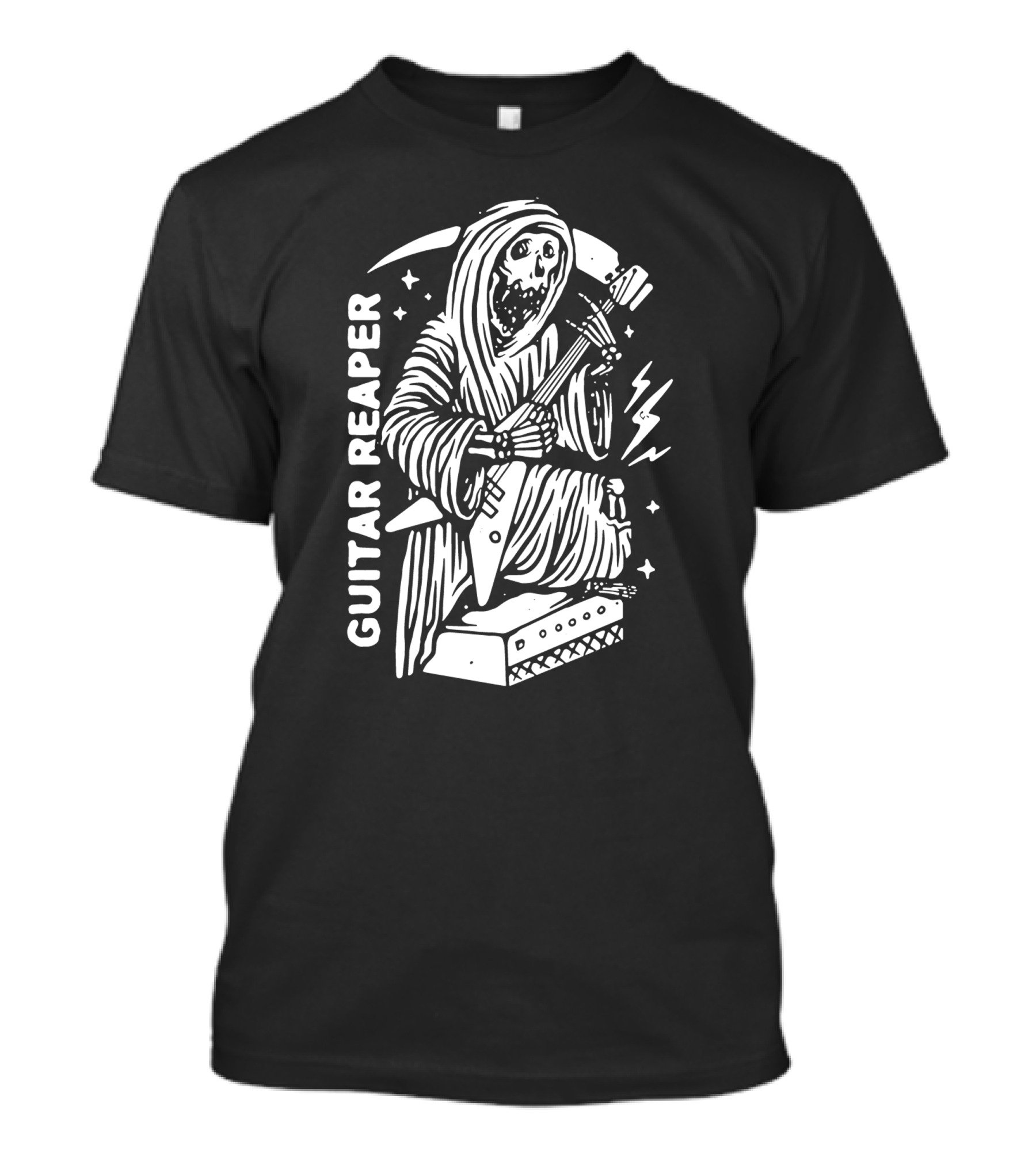 Guitar Reaper Rocking With Electric Guitar And Amplifier In Night Sky T-Shirt