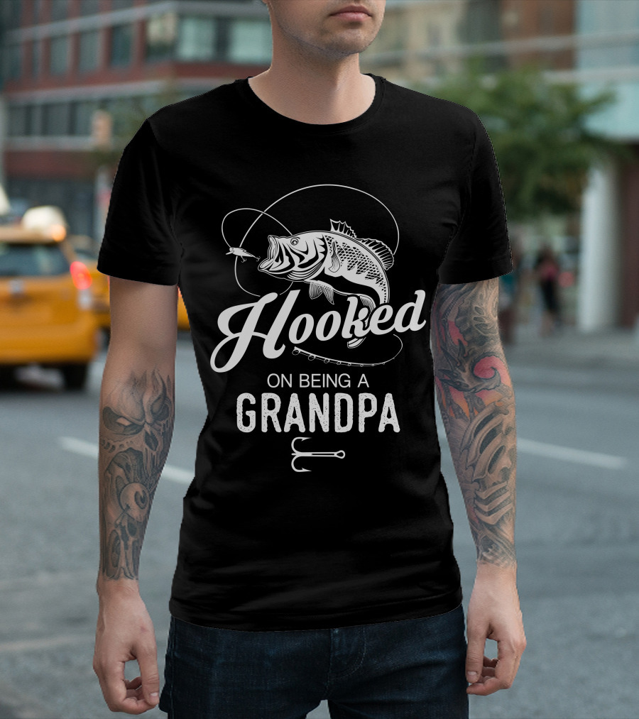 Hooked On Being A Grandpa Fishing Theme With Fish And Hooks T-Shirt