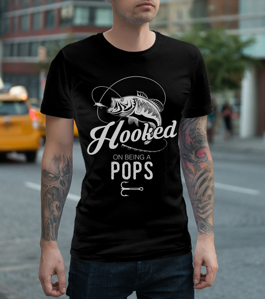Hooked On Being A Pops Fishing Graphic with Fish and Hook Elements T-Shirt