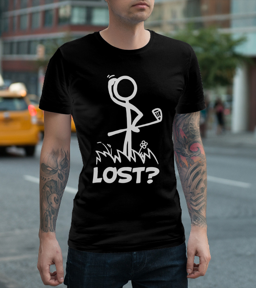 Lost Golf Stick Figure Questioning in Grass T-Shirt