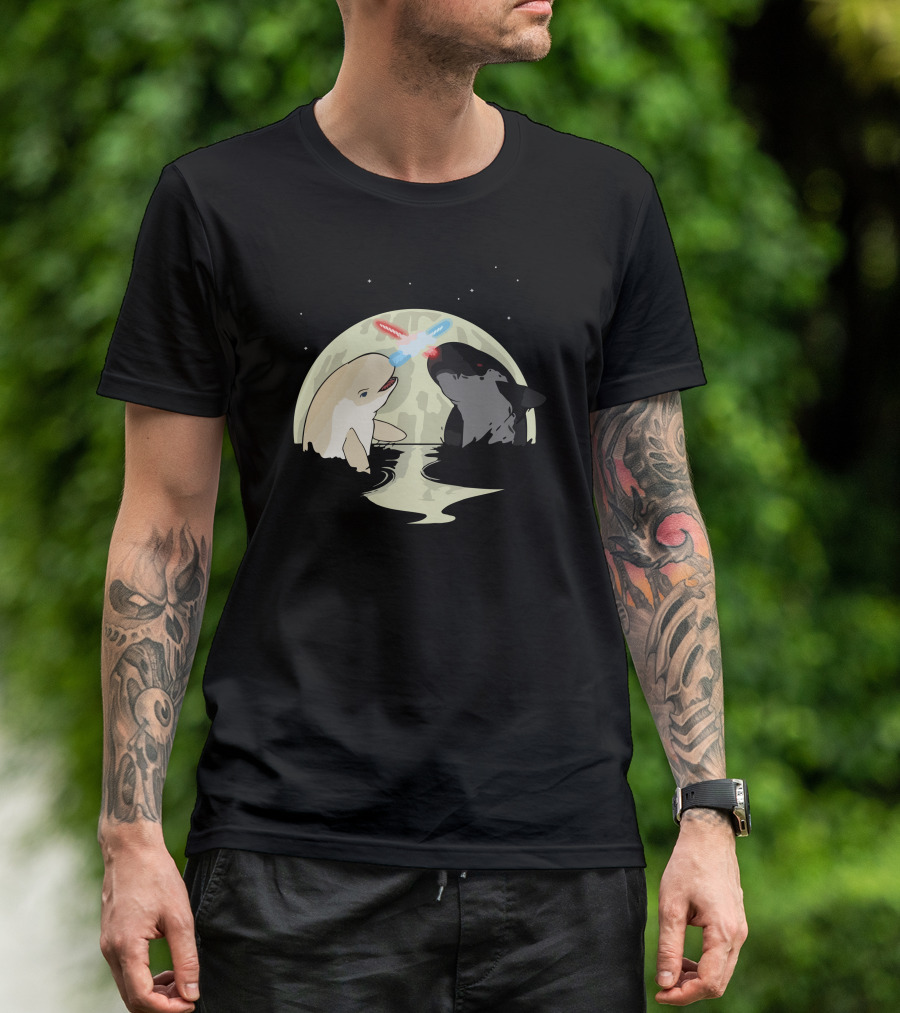 Nar Wars Whale And Shark Duel With Lightsabers T-Shirt