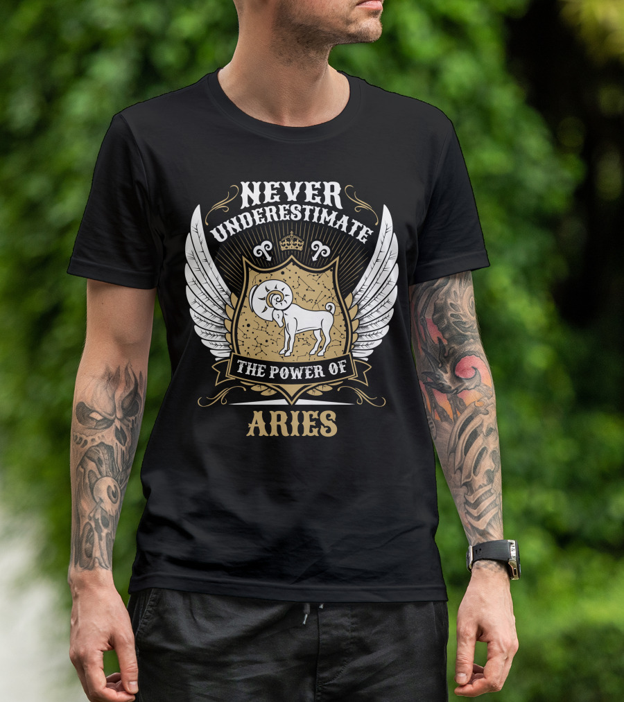 Never Underestimate The Power Of Aries Crest With Wings And Ram T-Shirt