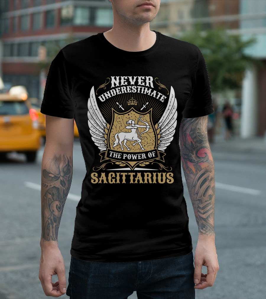 Never Underestimate The Power Of Sagittarius Crest with Archer and Wings T-Shirt