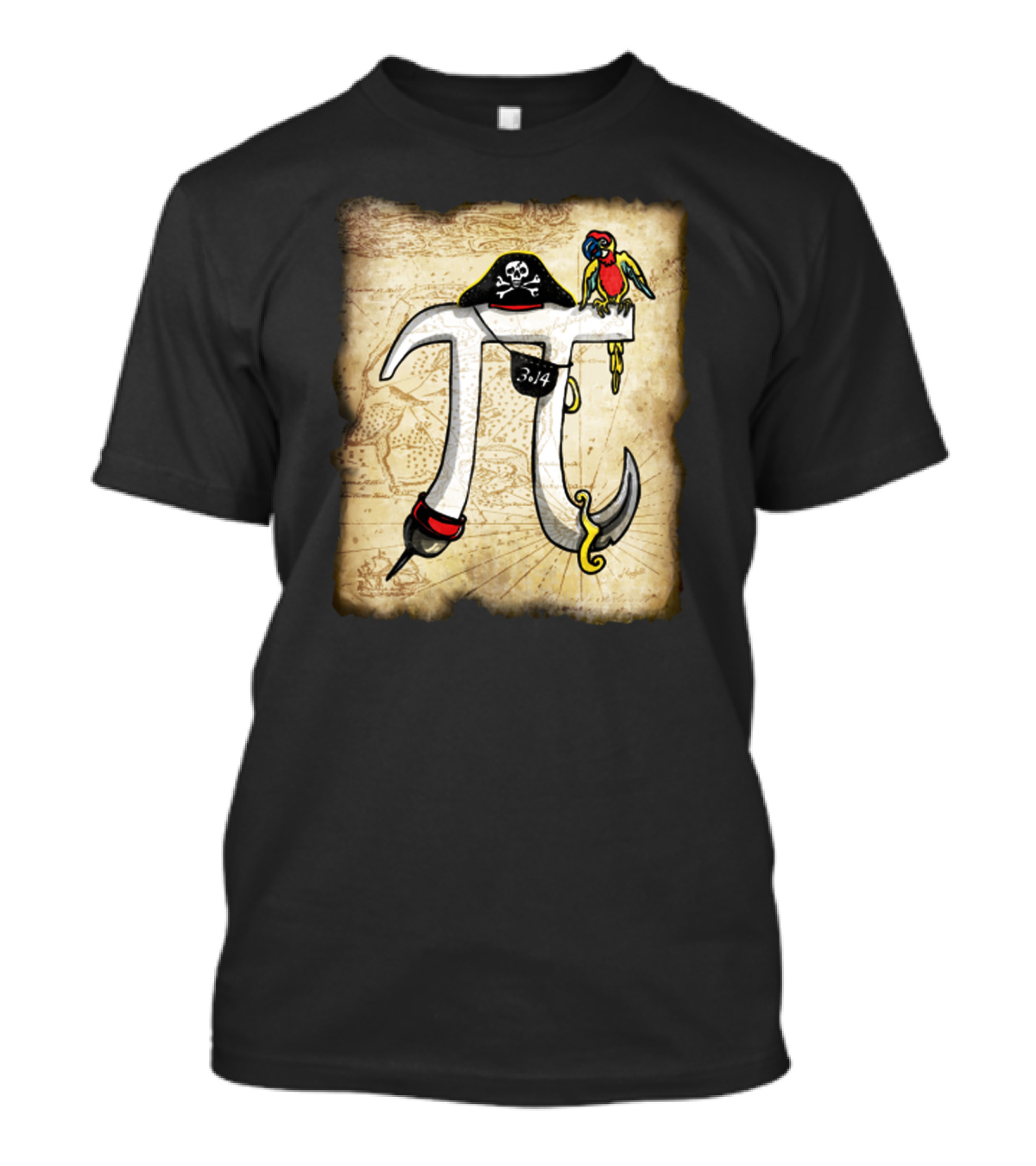 Pirate Pi Symbol With Skull Hat And Parrot On Vintage Map T-Shirt