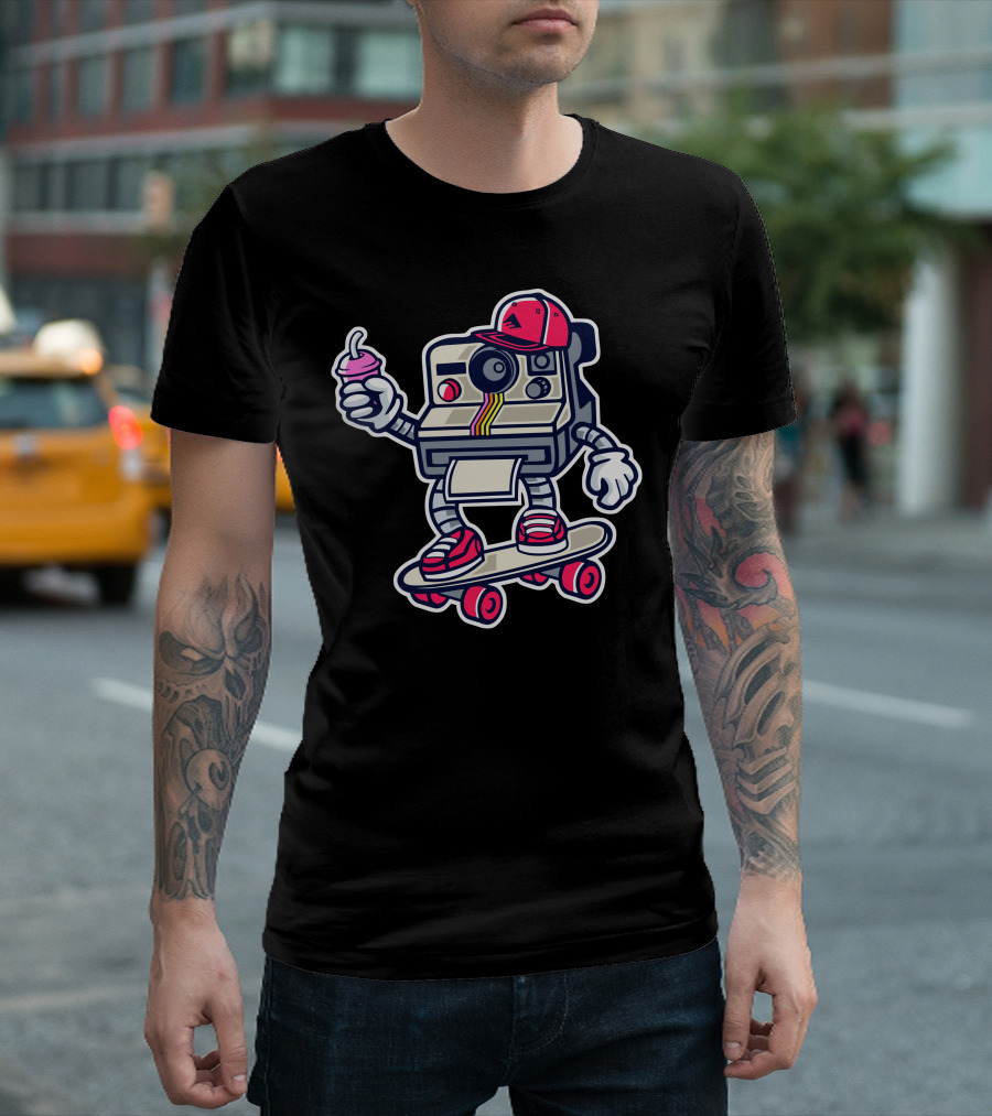 Polaroid Skateboarding Camera with Red Hat and Ice Cream T-Shirt