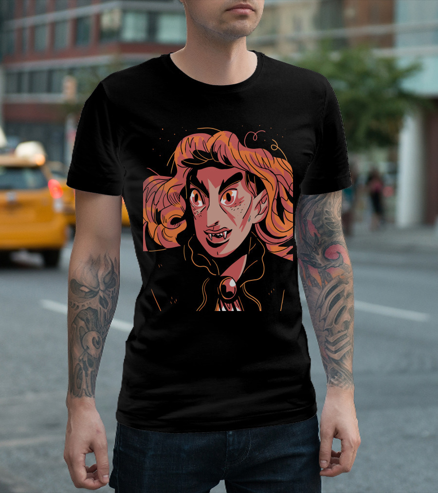 Princess Vampire Cartoon Character with Fangs and Fiery Hair Elements T-Shirt