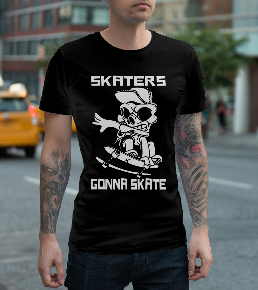 Skaters Gonna Skate Skeleton Rider With Cap And Board T-Shirt