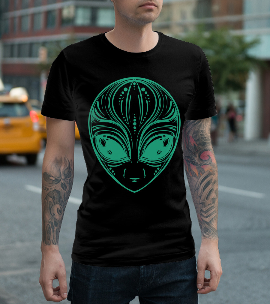 Stranger Face Alien Head Art Green Lines T-Shirt