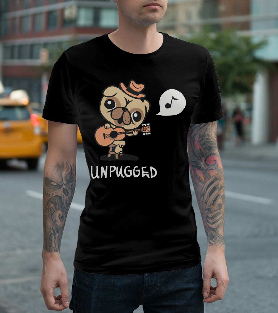 Unpugged Guitar Playing Pug with Musical Note Hat T-Shirt