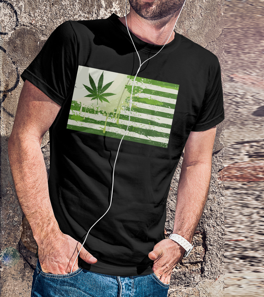 Weed Nation Cannabis Leaf American Flag Stripes T-Shirt