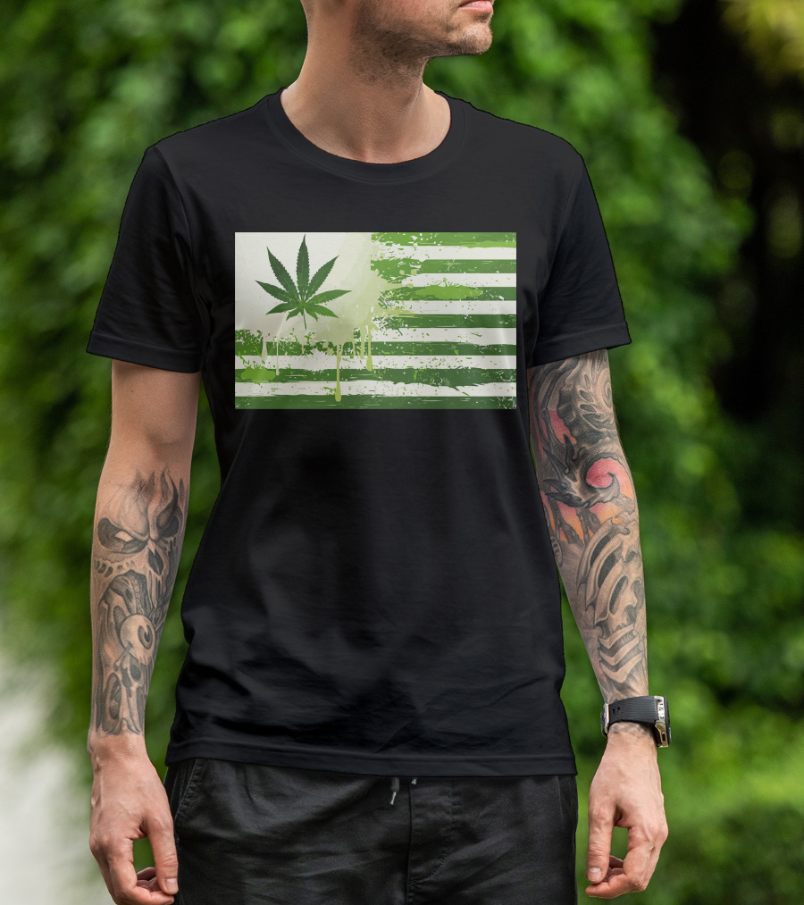 Weed Nation Cannabis Leaf American Flag Stripes T-Shirt