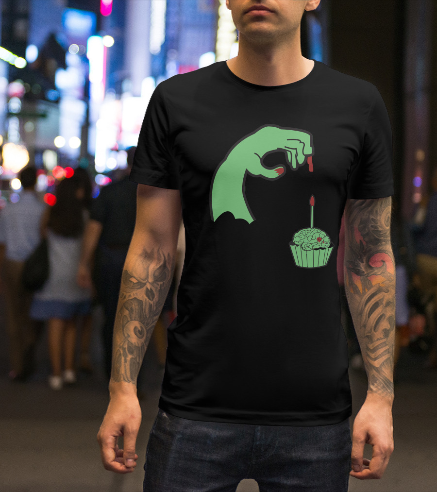 Zombie Hand Candle With Brain Cupcake Brainday T-Shirt