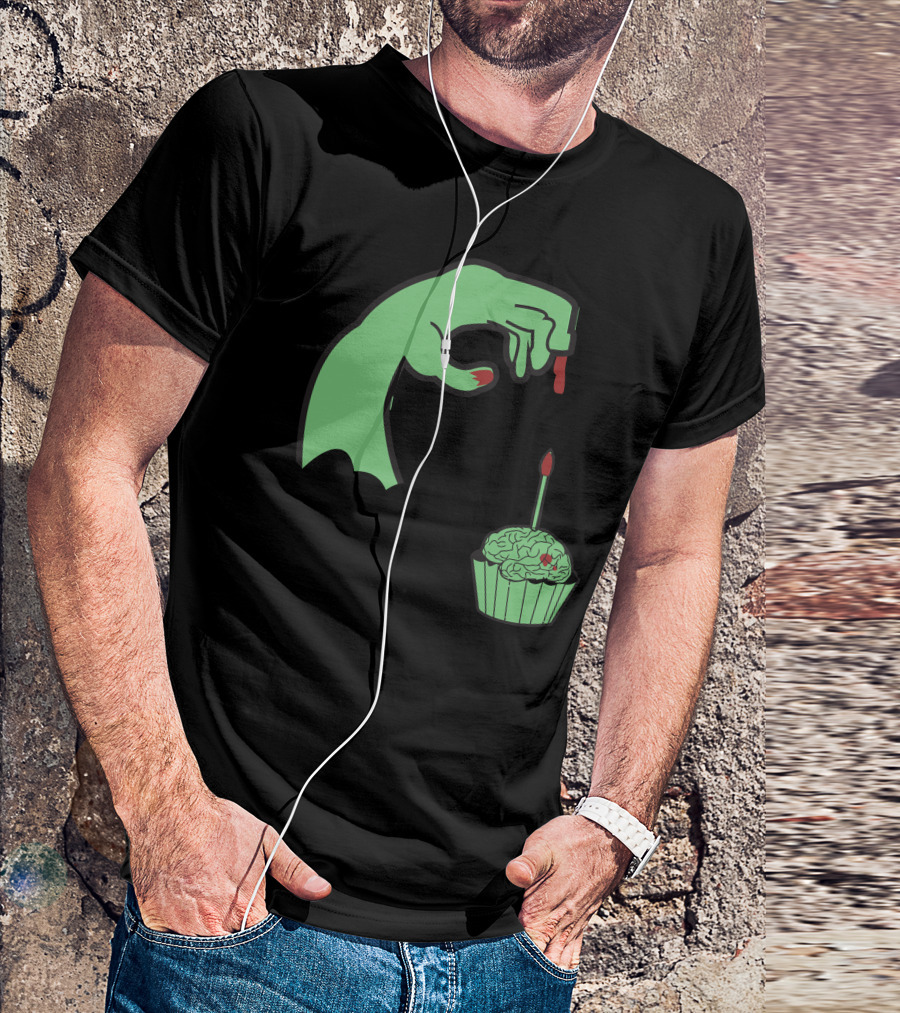 Zombie Hand Candle With Brain Cupcake Brainday T-Shirt