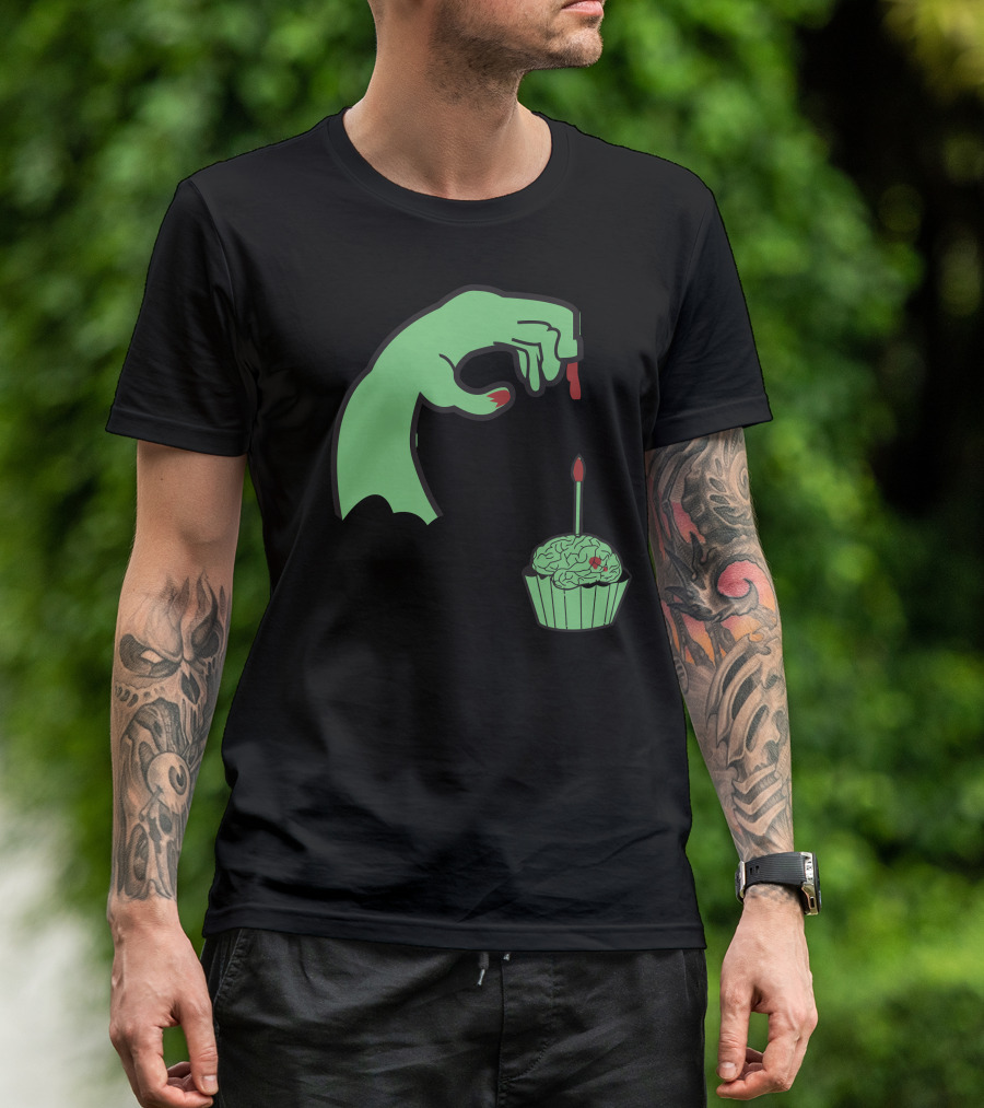 Zombie Hand Candle With Brain Cupcake Brainday T-Shirt