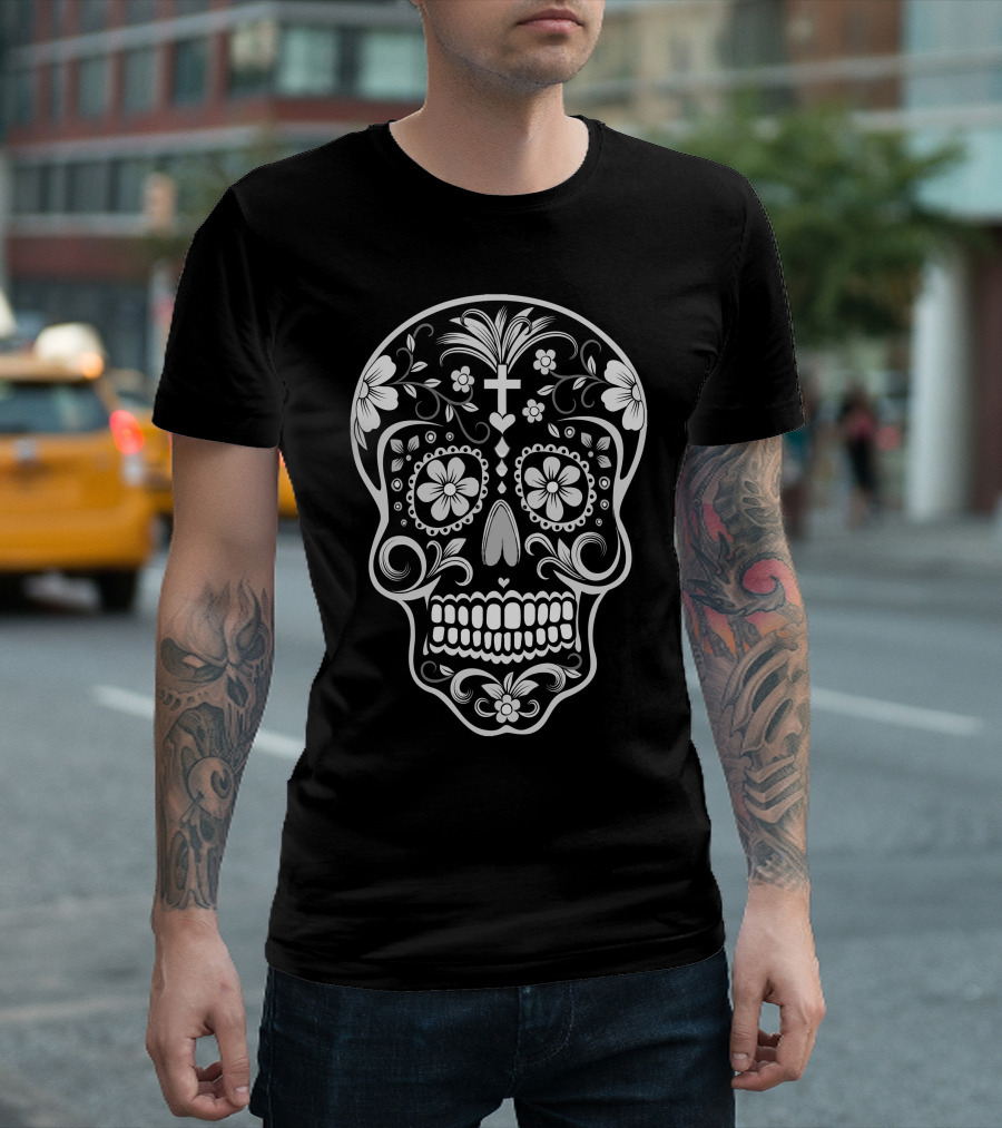 Day Of The Dead Sugar Skull Floral Cross T-Shirt