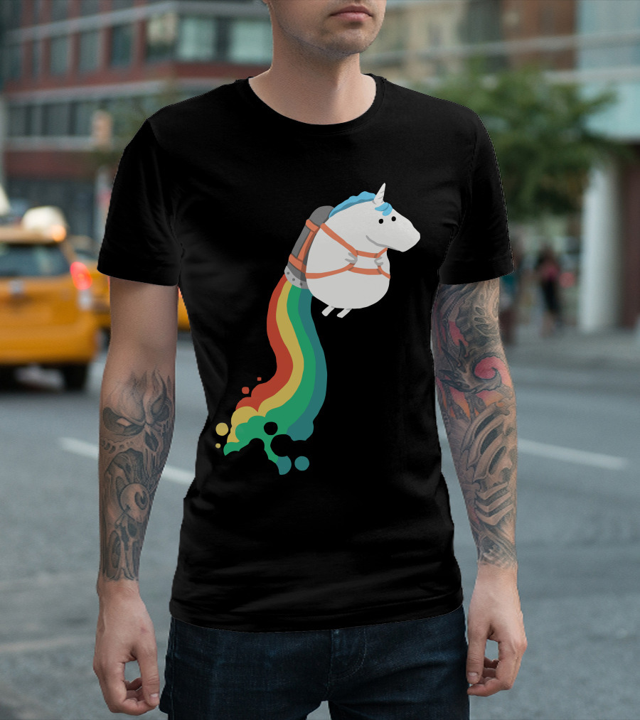 Fat Unicorn With Rainbow Jetpack Flight T-Shirt