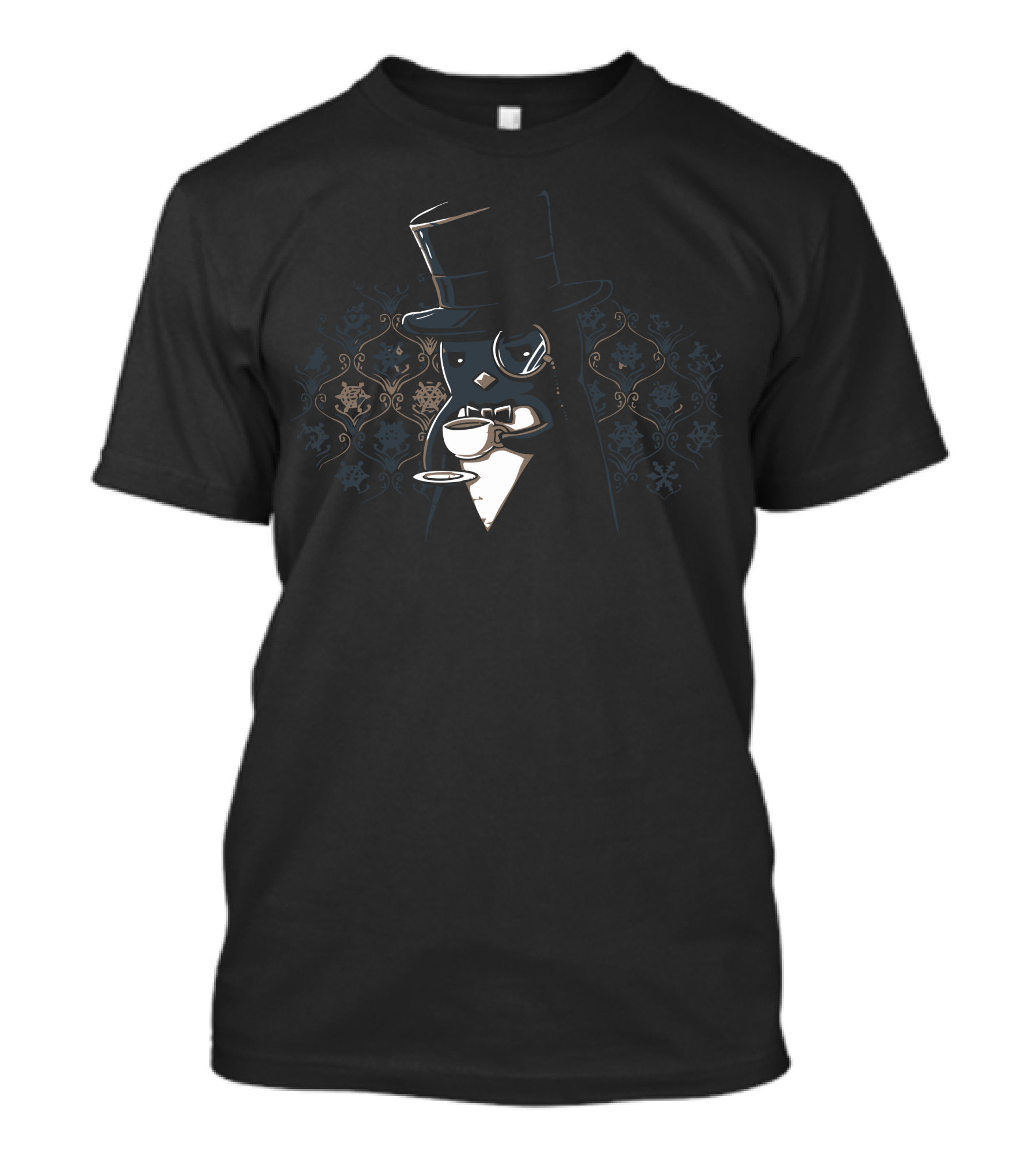Indubiously Penguin With Monocle And Top Hat Holding A Teacup In Front Of Ornate T-Shirt