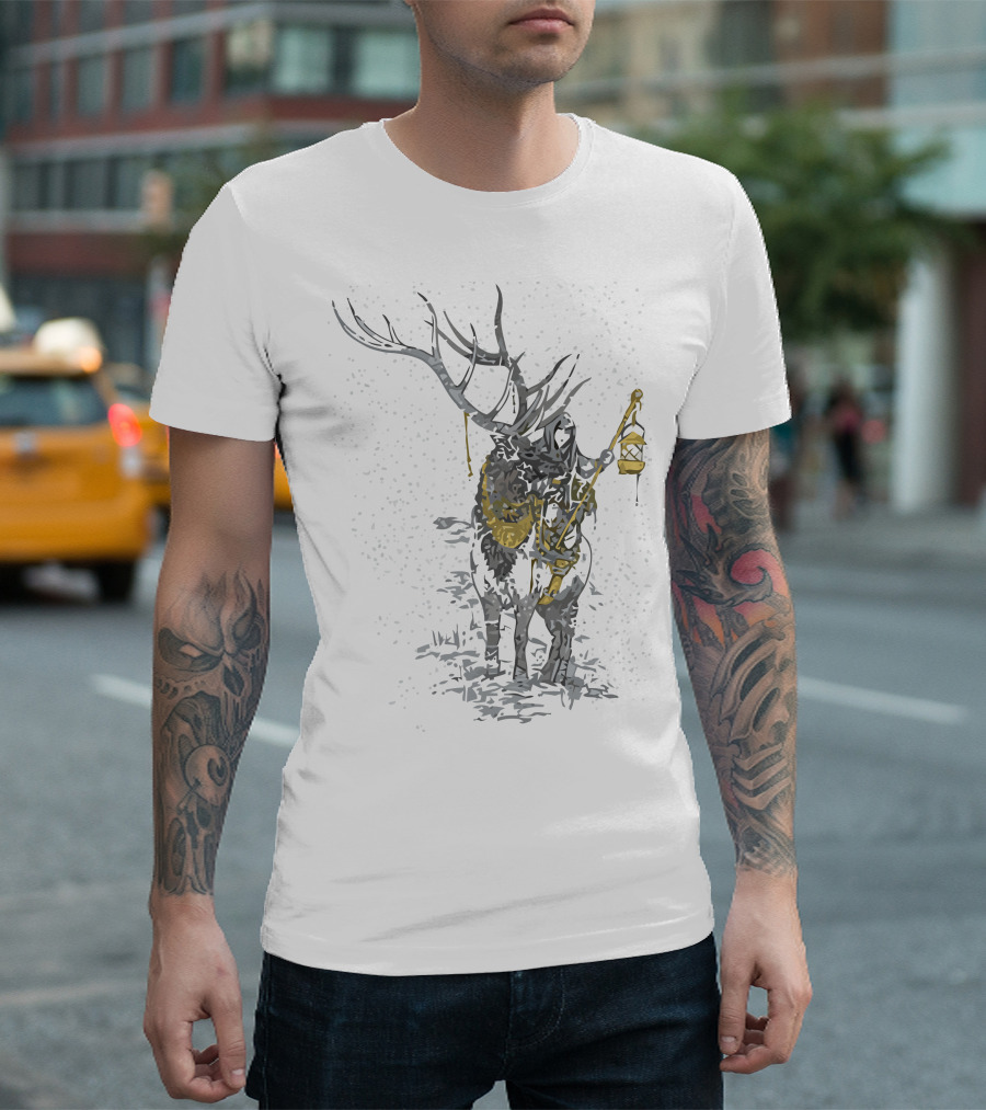 Khione Deer With Lantern In Snowfall T-Shirt