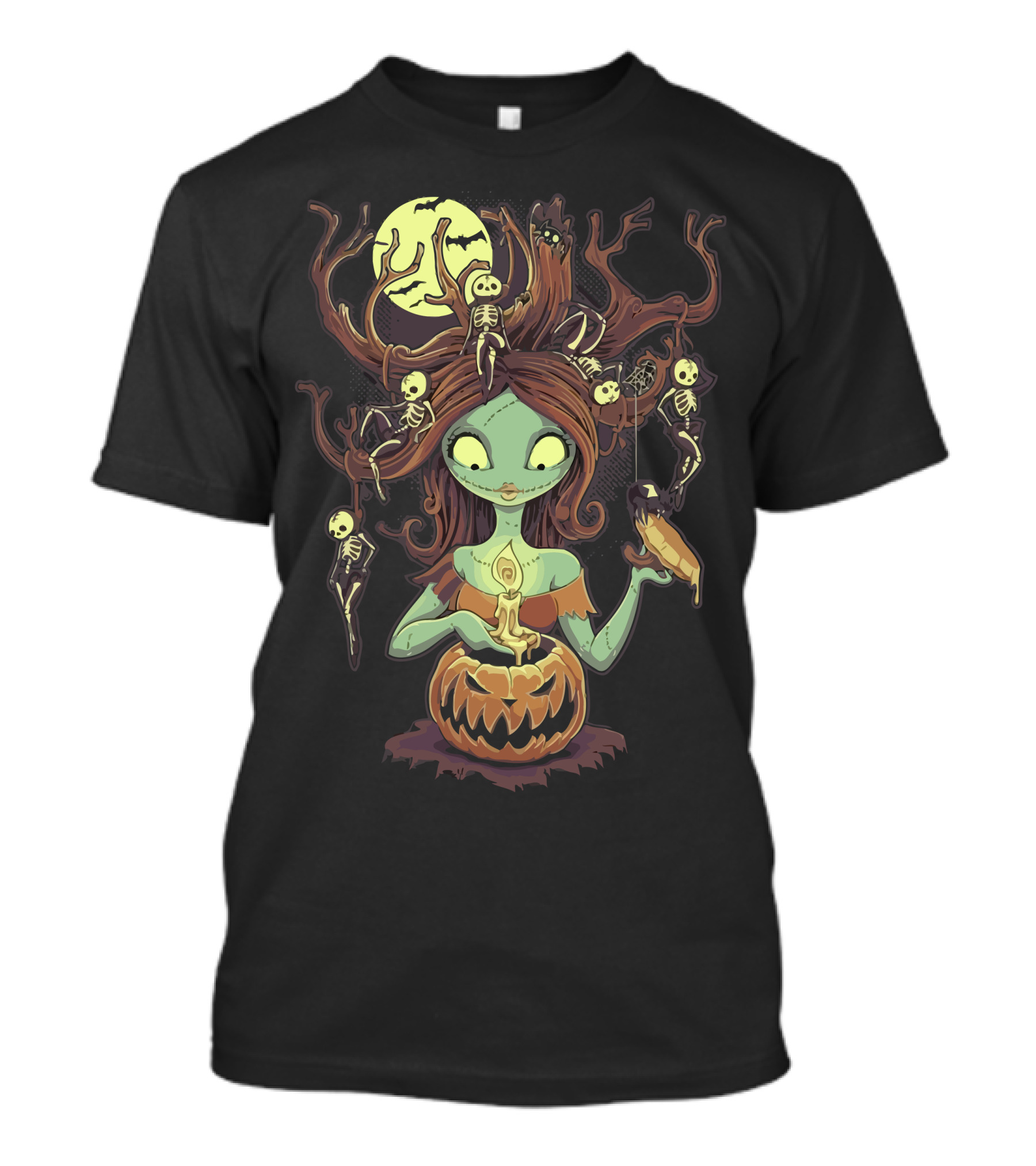 Knotty Nightmare Halloween Witch With Skeleton Hair And Glowing Jack-O'-Lantern T-Shirt