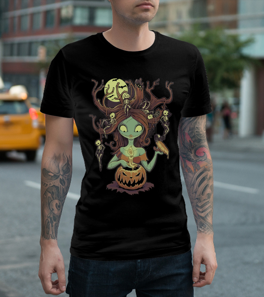 Knotty Nightmare Halloween Witch With Skeleton Hair And Glowing Jack-O'-Lantern T-Shirt