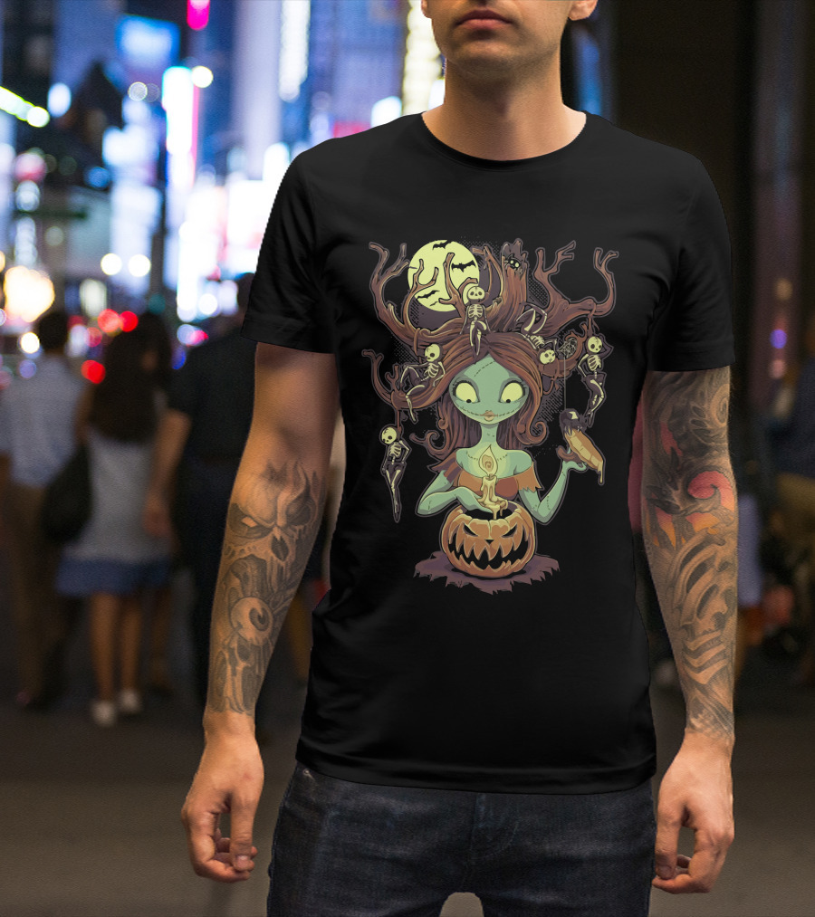 Knotty Nightmare Halloween Witch With Skeleton Hair And Glowing Jack-O'-Lantern T-Shirt