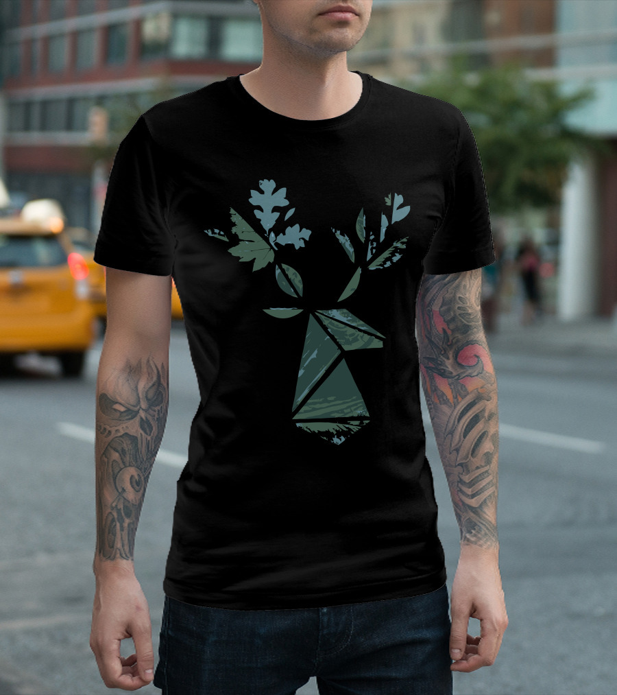 Geometric Leafy Deer Head With Oak Leaves T-Shirt