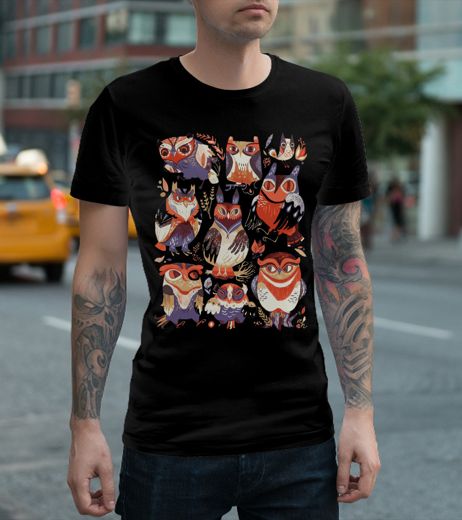 Owl Party Gathering Vibrant Owl T-Shirt