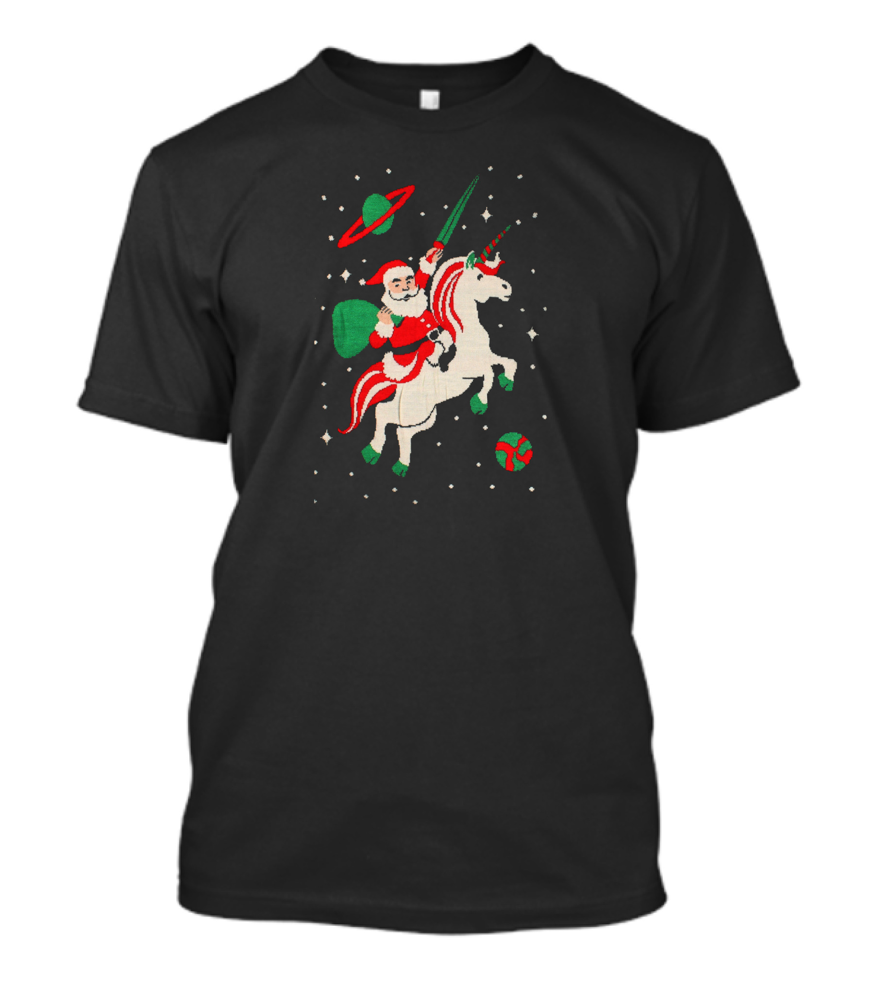 Santa Riding Unicorn In Space With Sword And Present T-Shirt