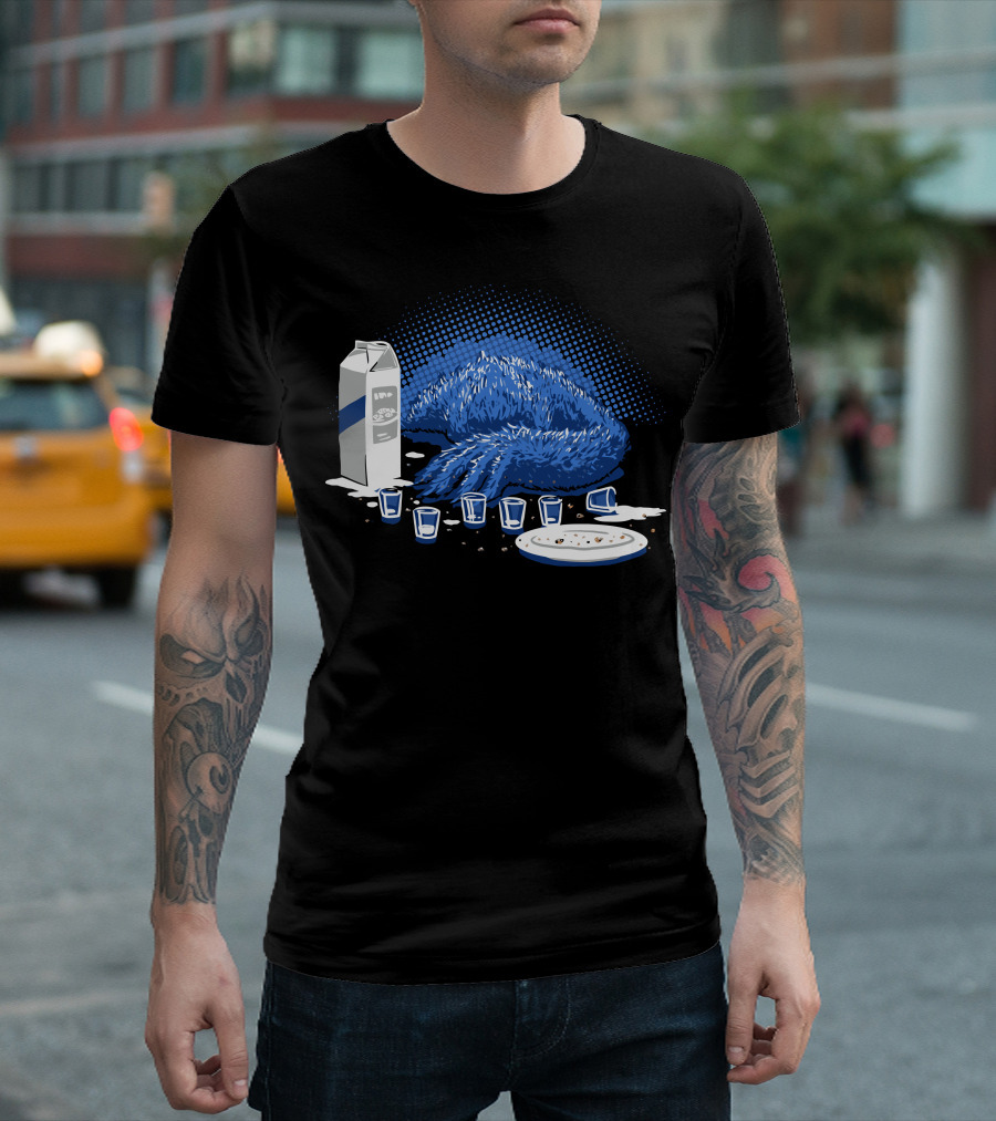 Milk and Cookies Binge with Blue Furry Creature T-Shirt