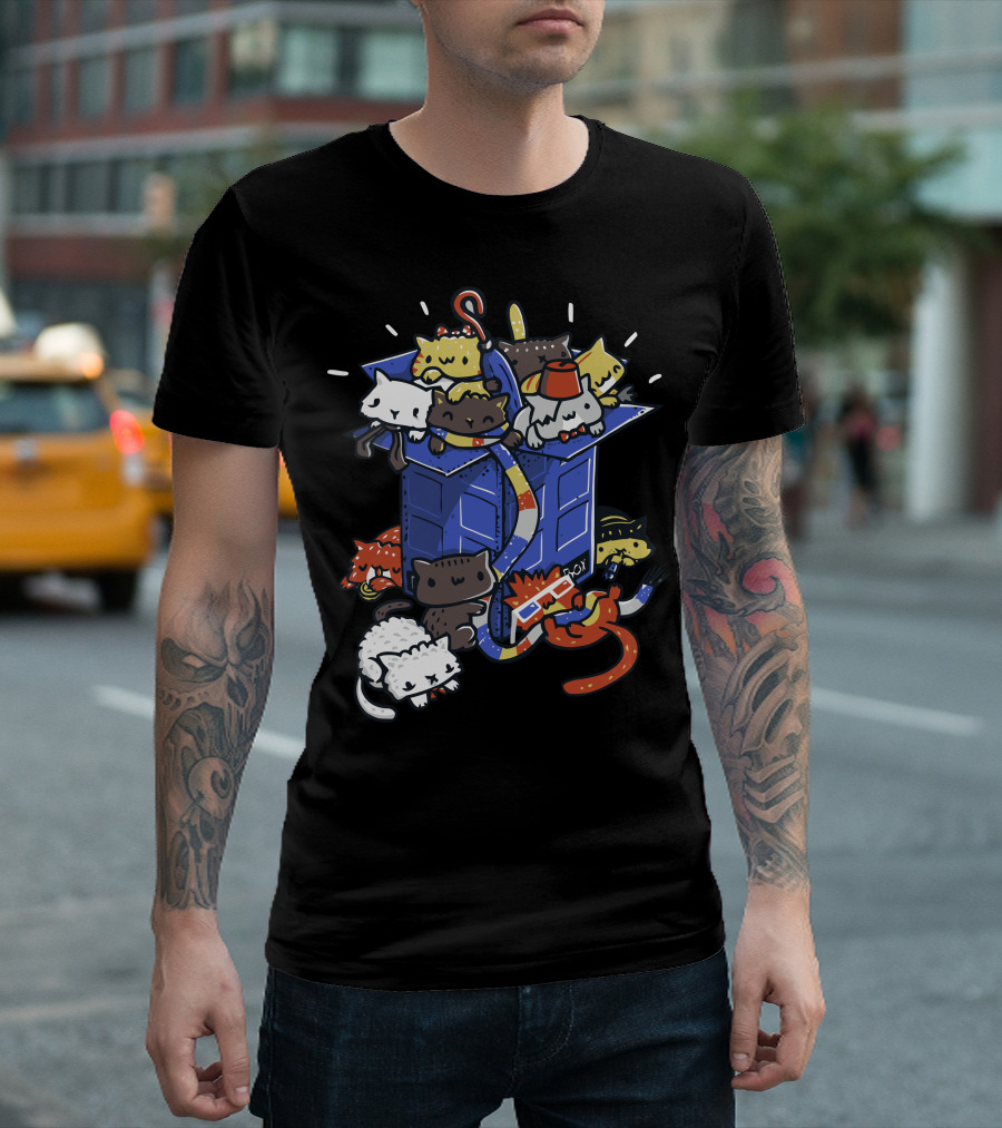 The Blue Box with Cats in Sci-Fi Adventure T-Shirt