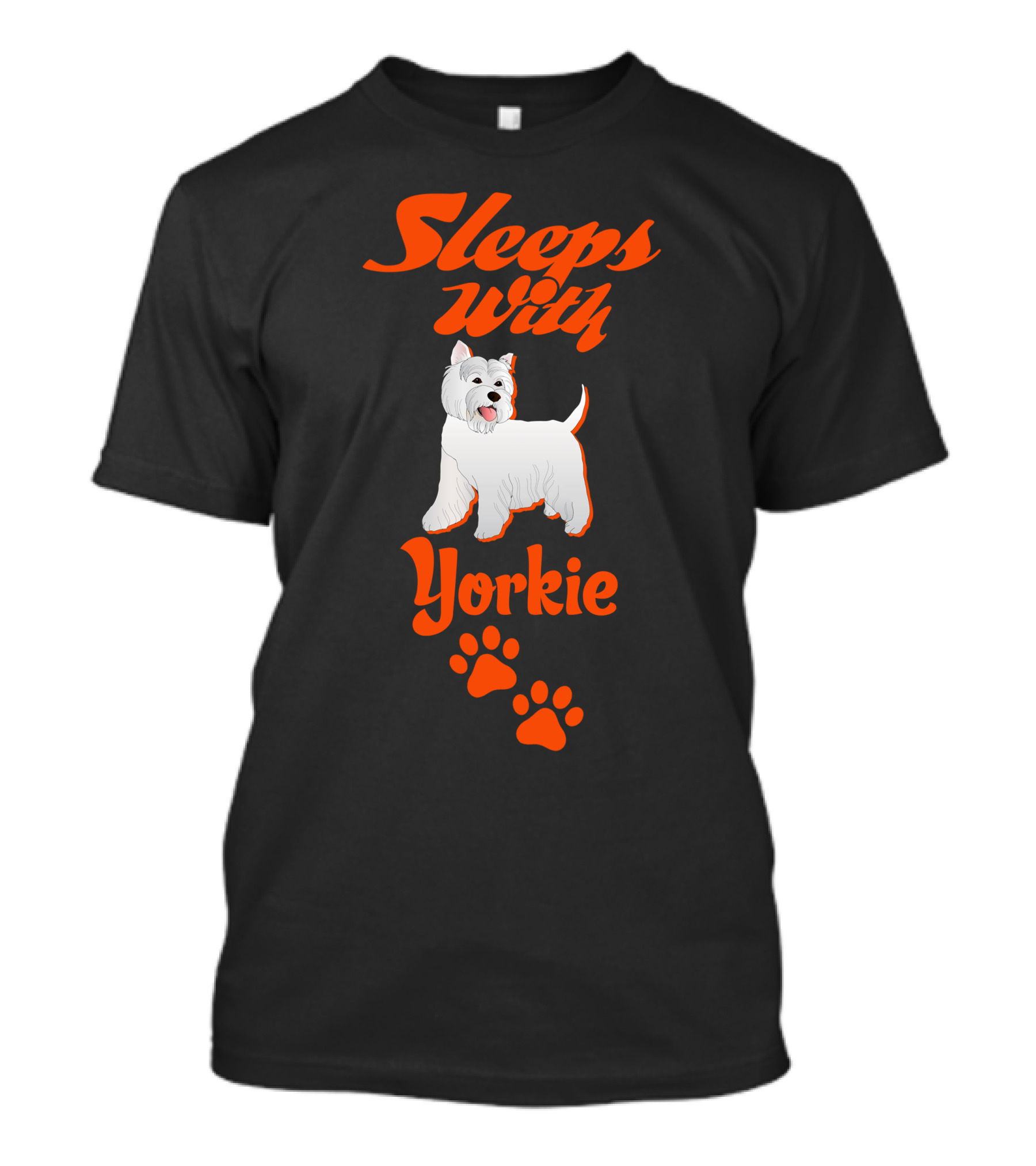 Sleeps With Yorkie White Terrier Dog Paw Prints T-Shirt