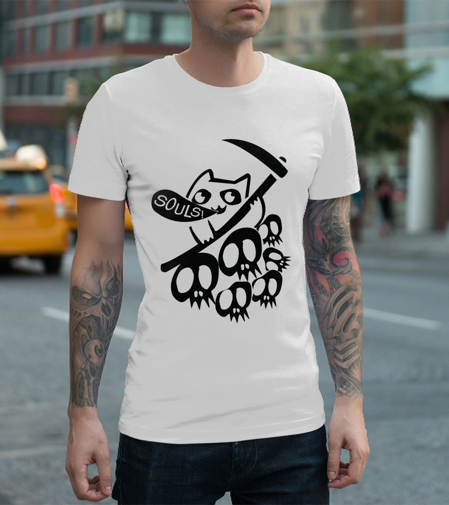 Cat Got Your Souls Iconic Grim Feline Holding Scythe With Skulls T-Shirt