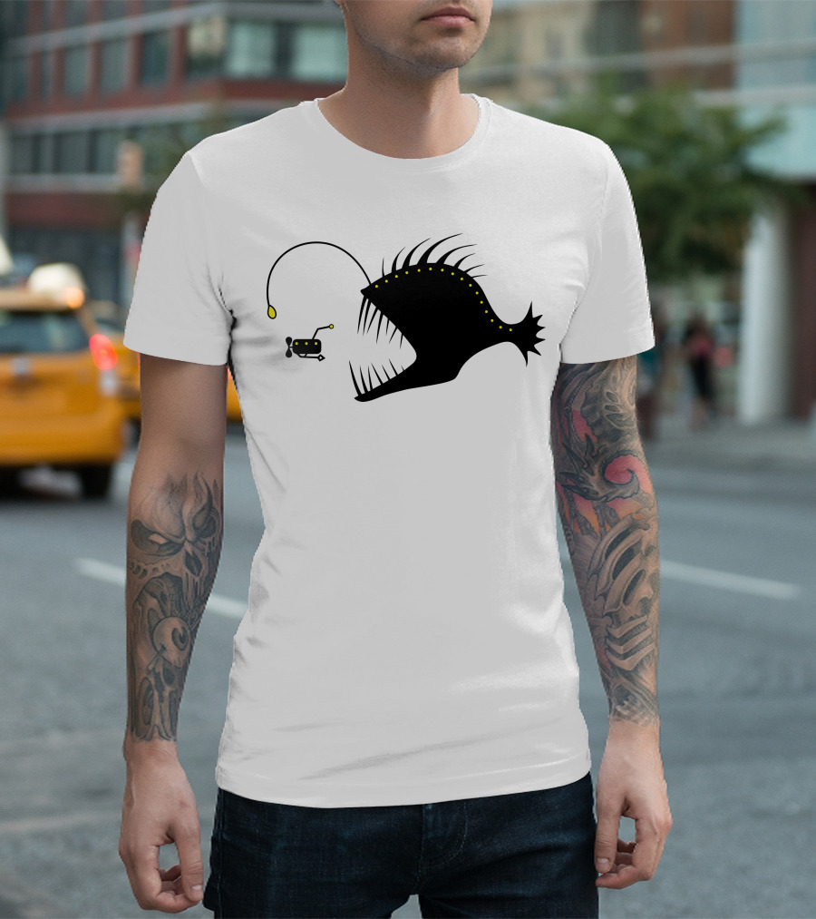 Deep Sea Exploration with Anglerfish and Submarine Encounter T-Shirt