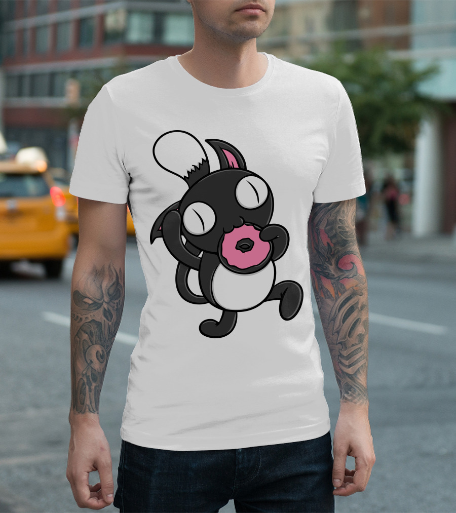 Donut Cat Eating Pink Frosted Donut with Sprinkles and Milk Hat T-Shirt