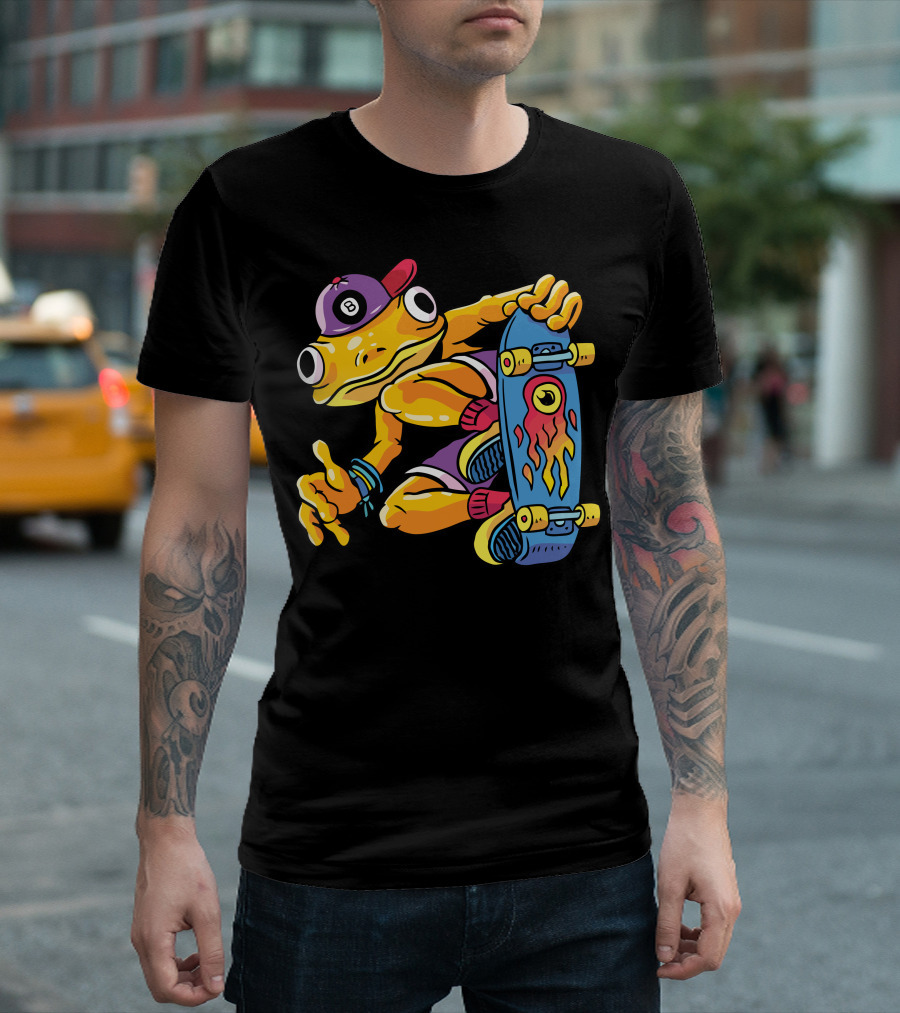 Billiards Frog Skater with Fiery Blue Skateboard T-Shirt