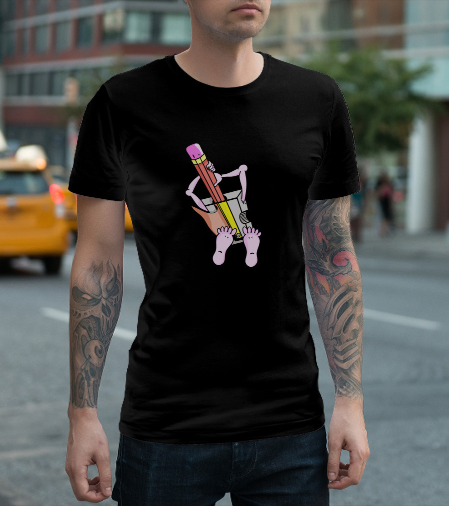 Funny Cartoon Pencil Sharpener Drawing Arms and Legs Holding Pencil T-Shirt